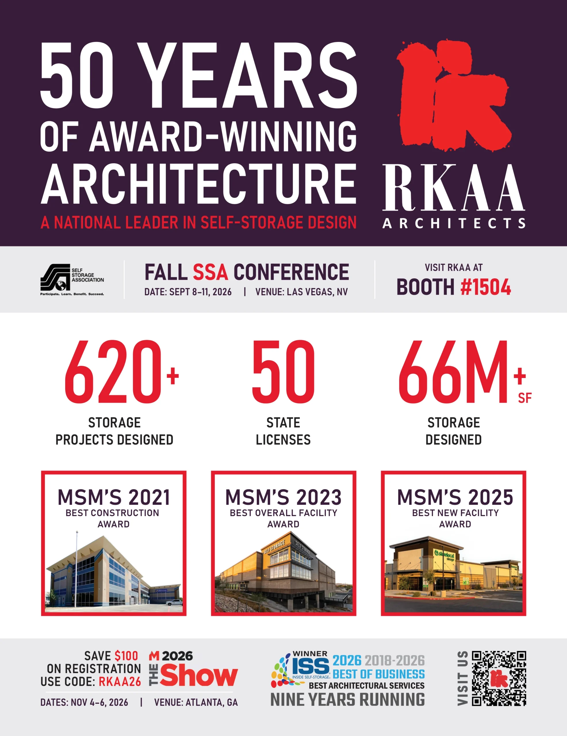 RKAA Architects ad celebrating 50 years of self-storage design and highlighting award-winning projects and conference details.
