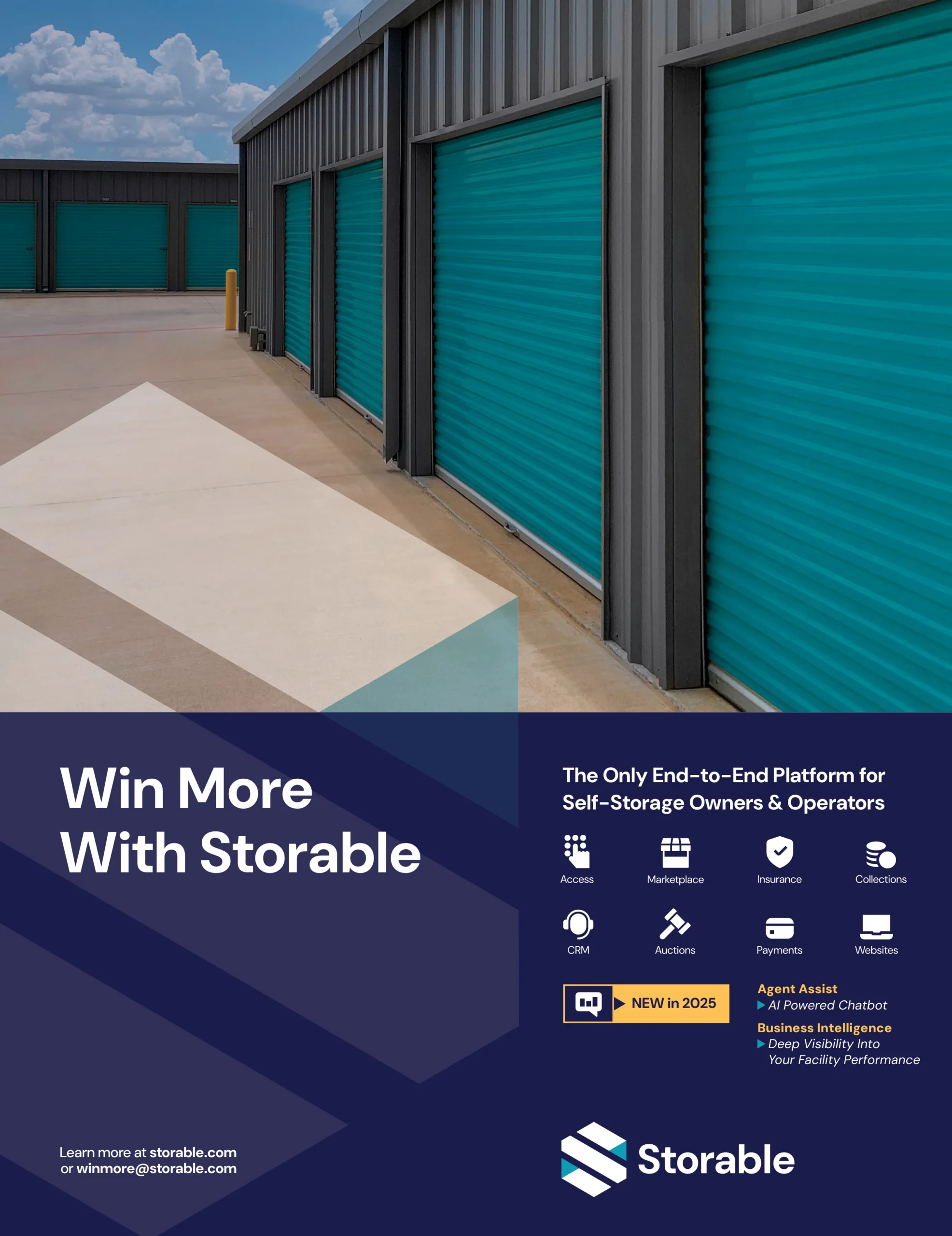 Storable ad featuring teal storage-unit doors and promoting its all-in-one platform for self-storage owners and operators.