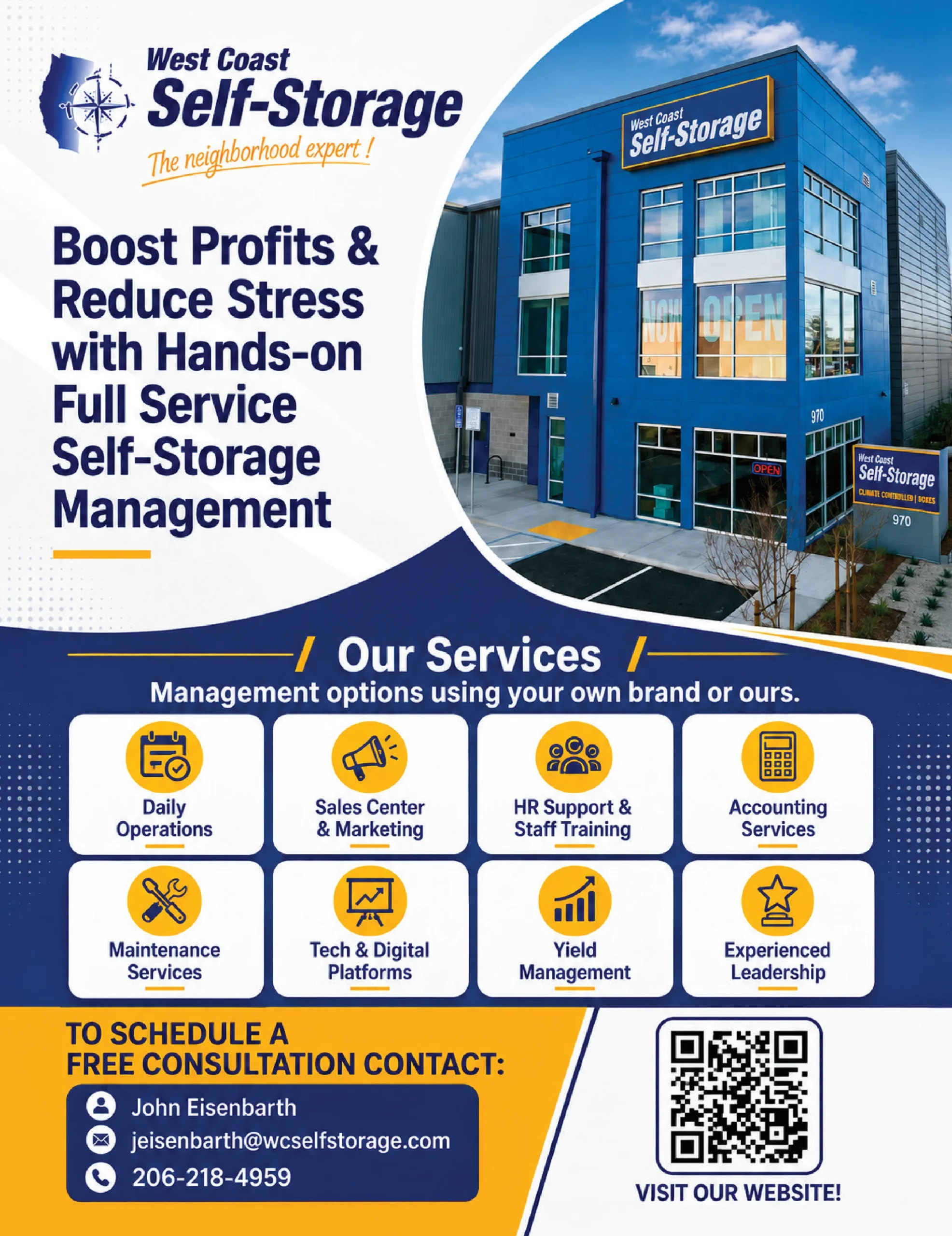 West Coast Self-Storage ad featuring a multistory facility and promoting full-service self-storage management services.