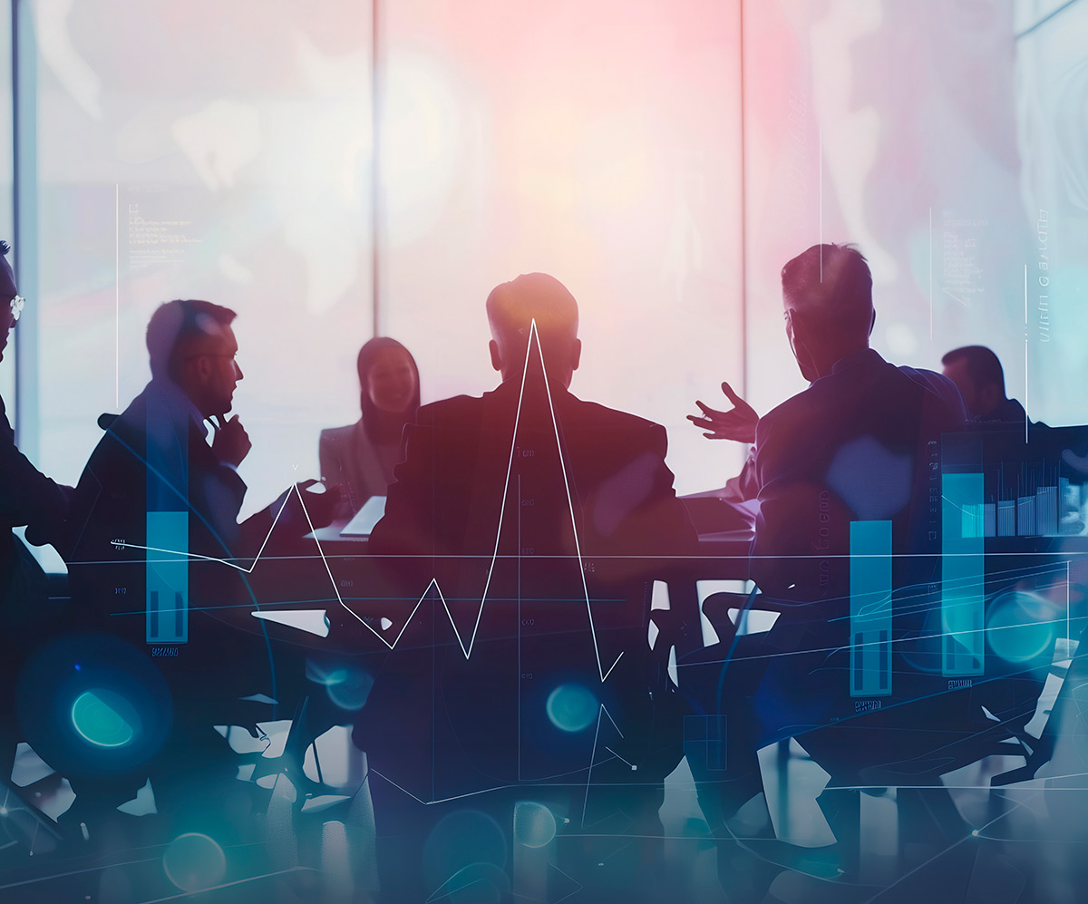 Silhouetted Business Professionals In A Meeting With Digital Overlays Of Financial Charts And Graphs.