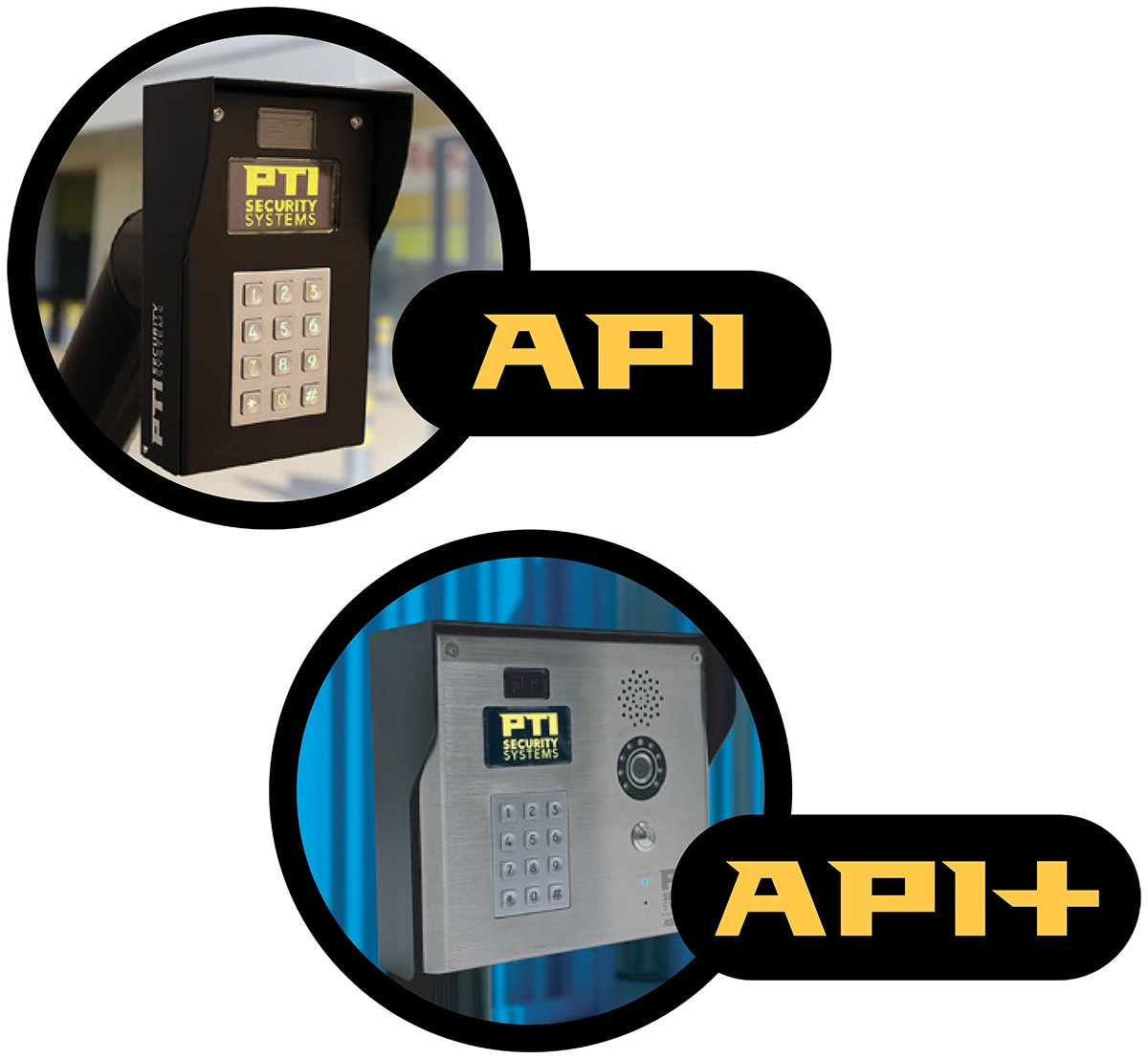Product graphic showcasing PTI Security Systems AP1 keypad and AP1+ access control unit with intercom speaker.
