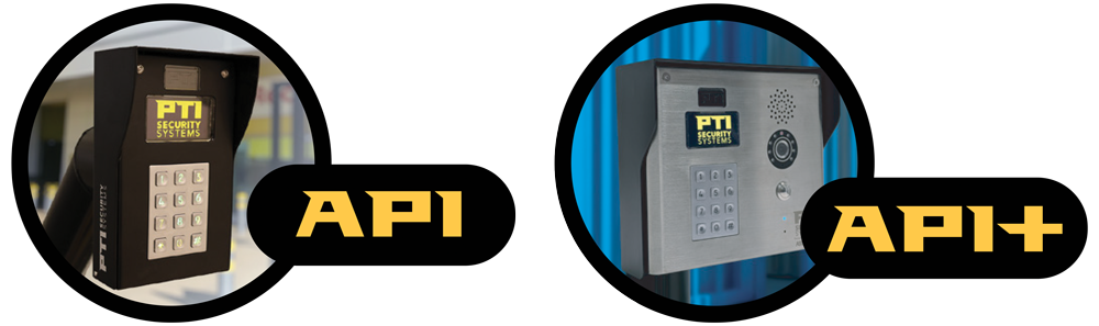Product graphic showcasing PTI Security Systems AP1 keypad and AP1+ access control unit with intercom speaker.