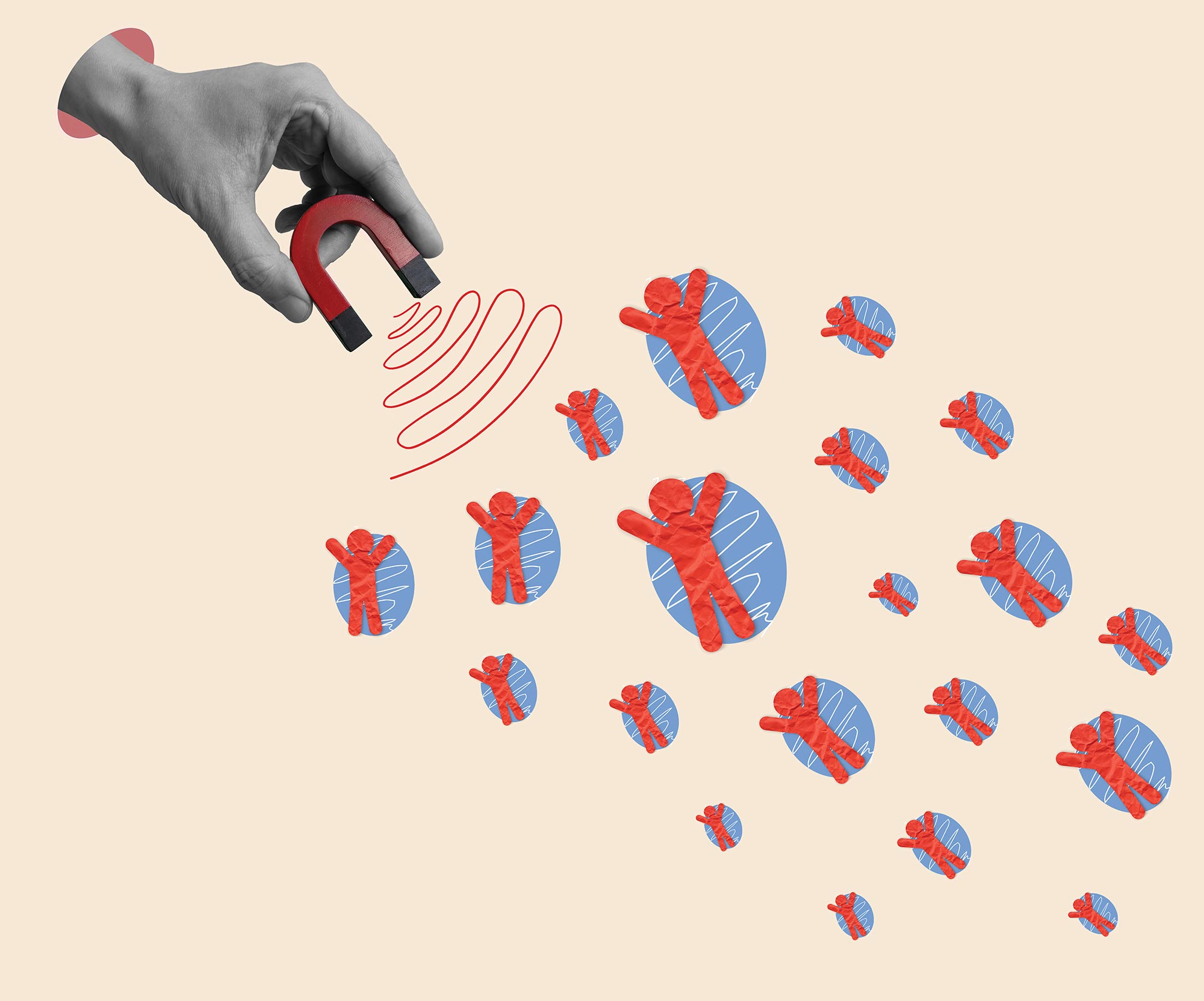 Conceptual collage of a hand holding a magnet attracting small paper figure people.