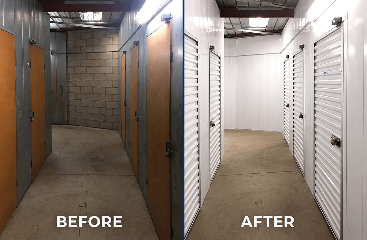 Side-by-side comparison showing a storage facility hallway before and after renovations, featuring upgraded orange roll-up doors and clean white panels.
