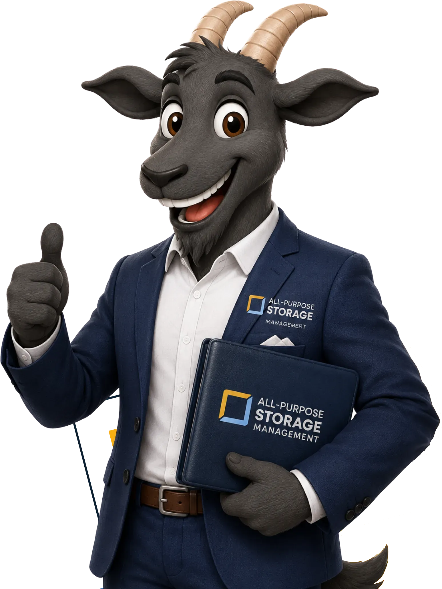 A cartoon goat mascot wearing a navy blue suit giving a thumbs-up while holding an All-Purpose Storage binder.
