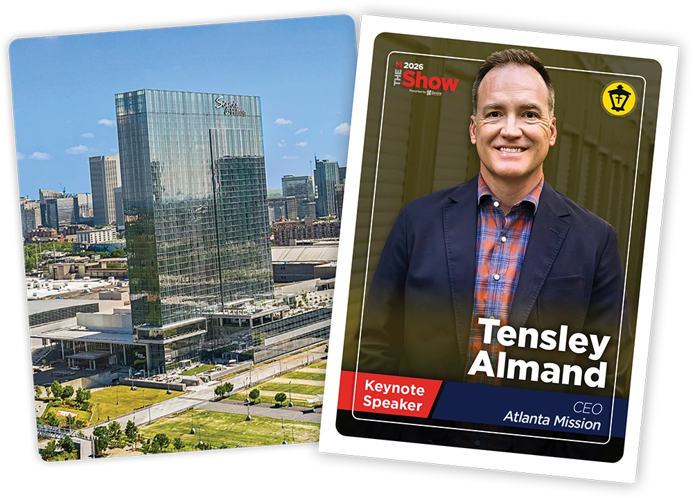 Two photos showing the Signia by Hilton hotel and Keynote Speaker Tensley Almand, CEO of Atlanta Mission.