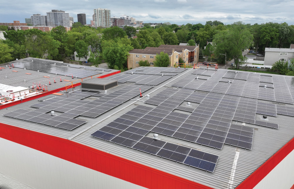 Solar panels on Public Storage rooftop.