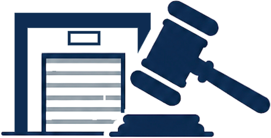 Graphic Icon Of A Storage Unit And A Legal Gavel.