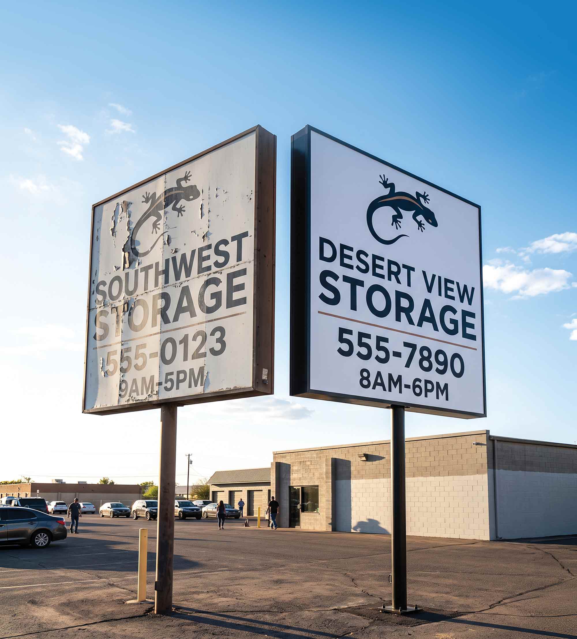 Comparison of an old weathered storage facility sign and a new branded sign.