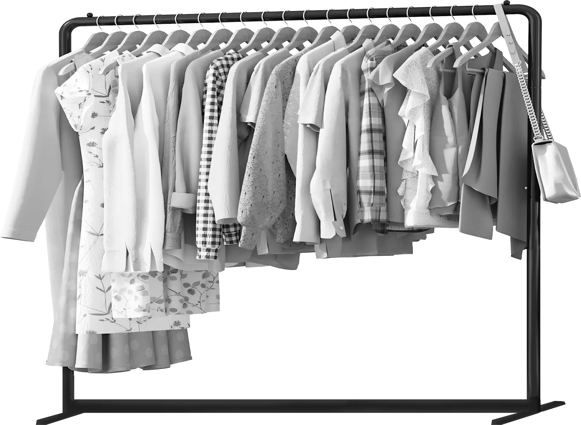 Various shirts, blouses, and dresses in light tones hanging neatly on a black metal garment rack with a purse attached.