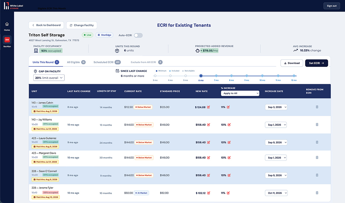 ECRI Hub software dashboard displaying tenant details and rental rate increase data.