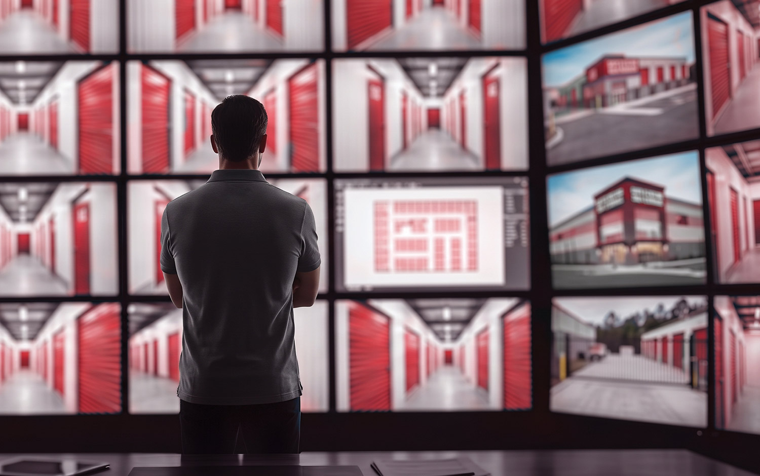 Man viewing a wall of security monitors displaying storage facility surveillance footage.