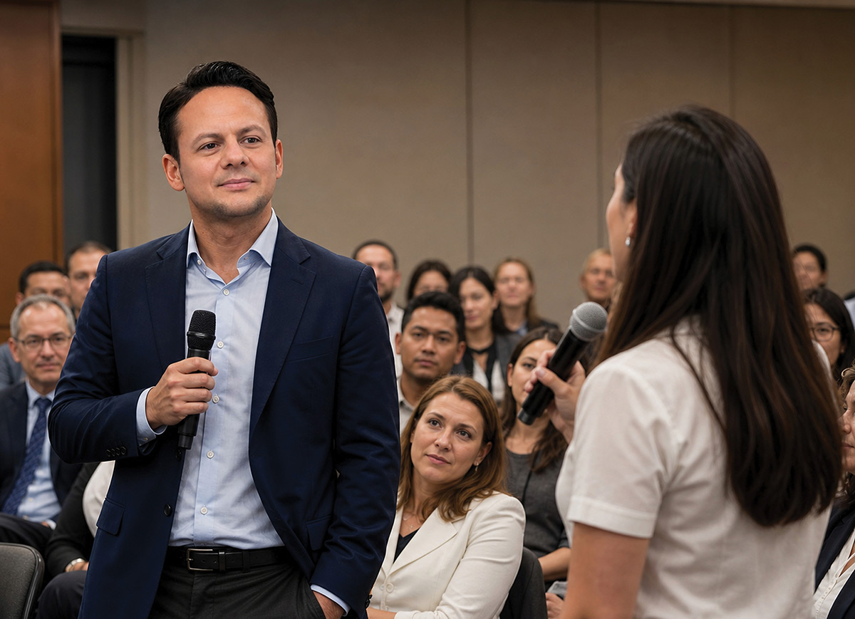 Jared Mastroianni holding a microphone and addressing an audience during a Q&A session.