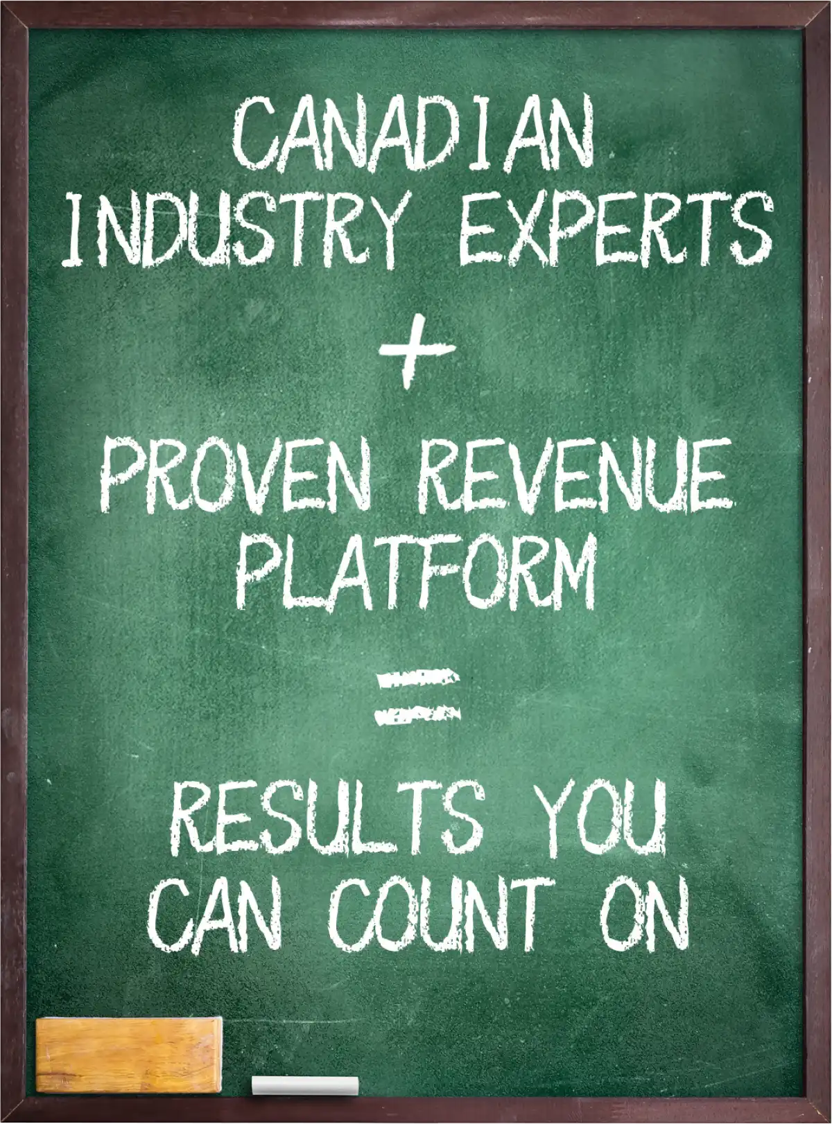 A green chalkboard with white chalk text reading "CANADIAN INDUSTRY EXPERTS + PROVEN REVENUE PLATFORM = RESULTS YOU CAN COUNT ON", with an eraser and a piece of chalk at the bottom.