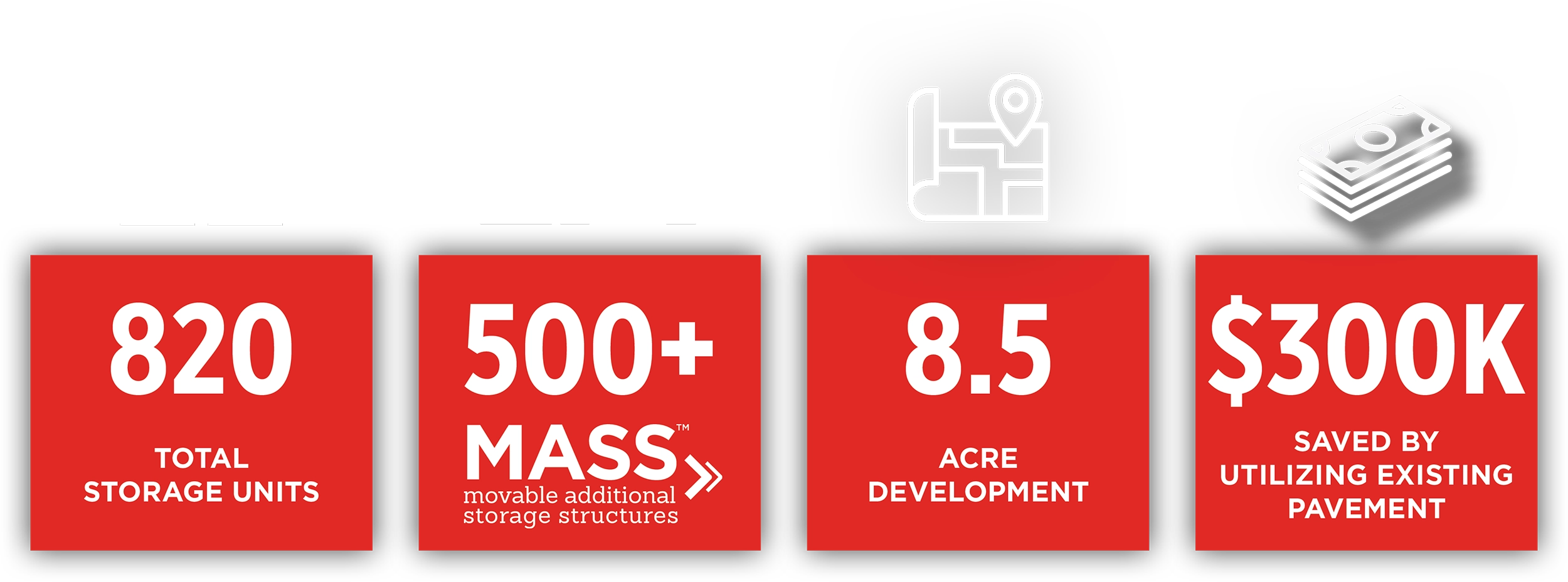 820 TOTAL STORAGE UNITS. 500+ MASS movable additional storage structures. 8.5 ACRE DEVELOPMENT. $300K SAVED BY UTILIZING EXISTING PAVEMENT.